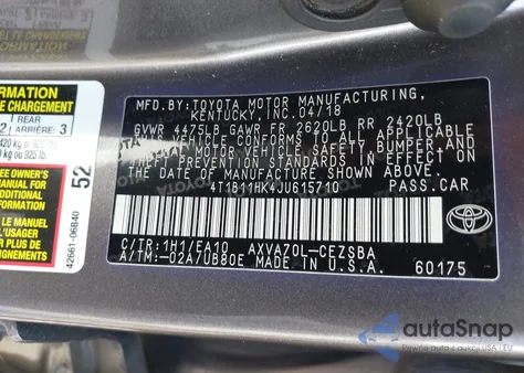 2018 Toyota Camry Se from USA, damaged, VIN 4T1B11HK4JU615710